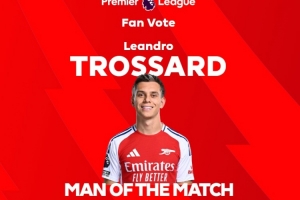 mk体育APP-首开记录，英超官方：特罗萨德当选阿森纳1-1埃弗顿球迷票选最佳